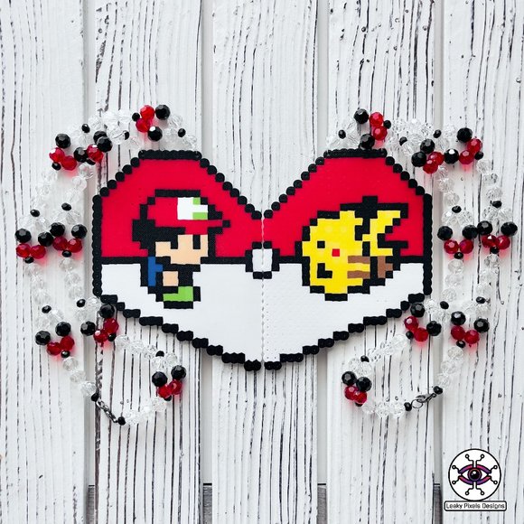 Ash and Pikachu Heart Perler Necklace - Picture 1 of 7